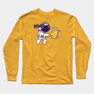 Cute Astronaut Ninja Slash Moon With Sword Cartoon Long Sleeve T-Shirt